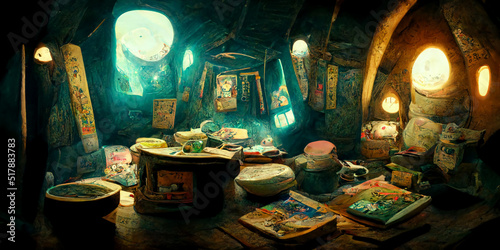 Inside fantasy wizard magician's house wizard elf with spellbooks goblins photo