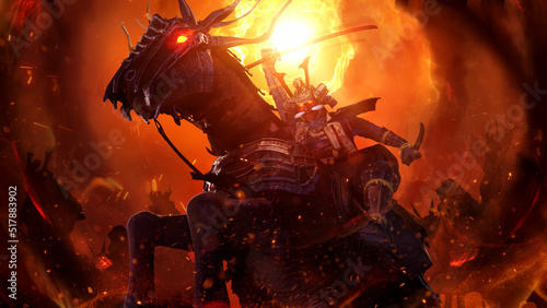 Obraz na plátně A demonic samurai riding a hellish horse in an epic inspiring pose raises a fiery katana up, preparing to attack, around his army and the battlefield illuminated by the sun