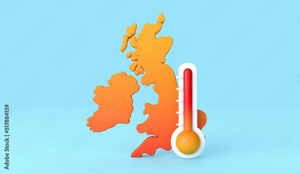United Kingdom weather summer heatwave. Uk map with a thermometer. 3d