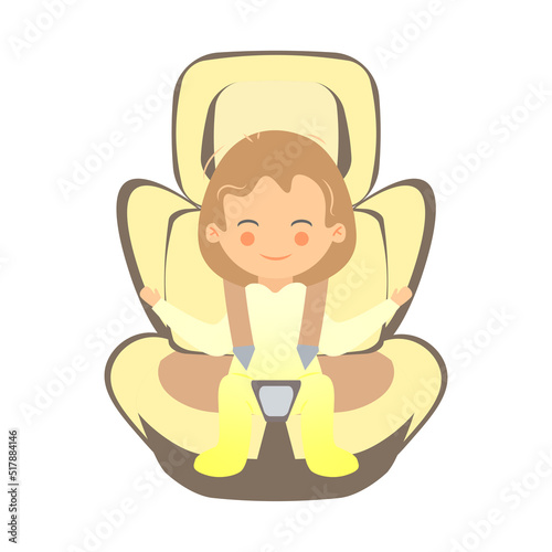 Happy little girl sitting in child car seat, on white background