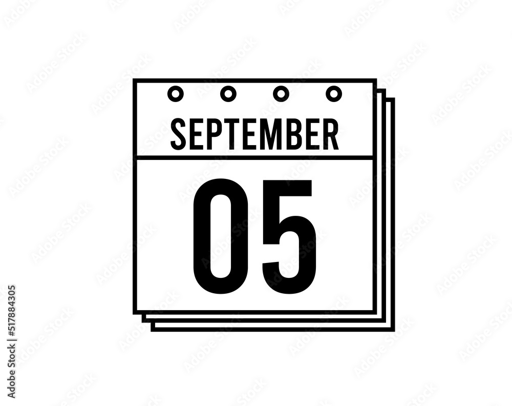 September 5 calendar. September month calendar black and white icon. Simple 3D vector. September 5 calendar. September month calendar black and white icon. Simple 3D vector.