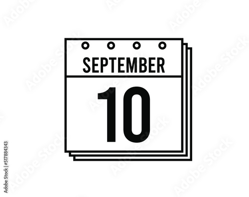September 10 calendar. September month calendar black and white icon. Simple 3D vector.