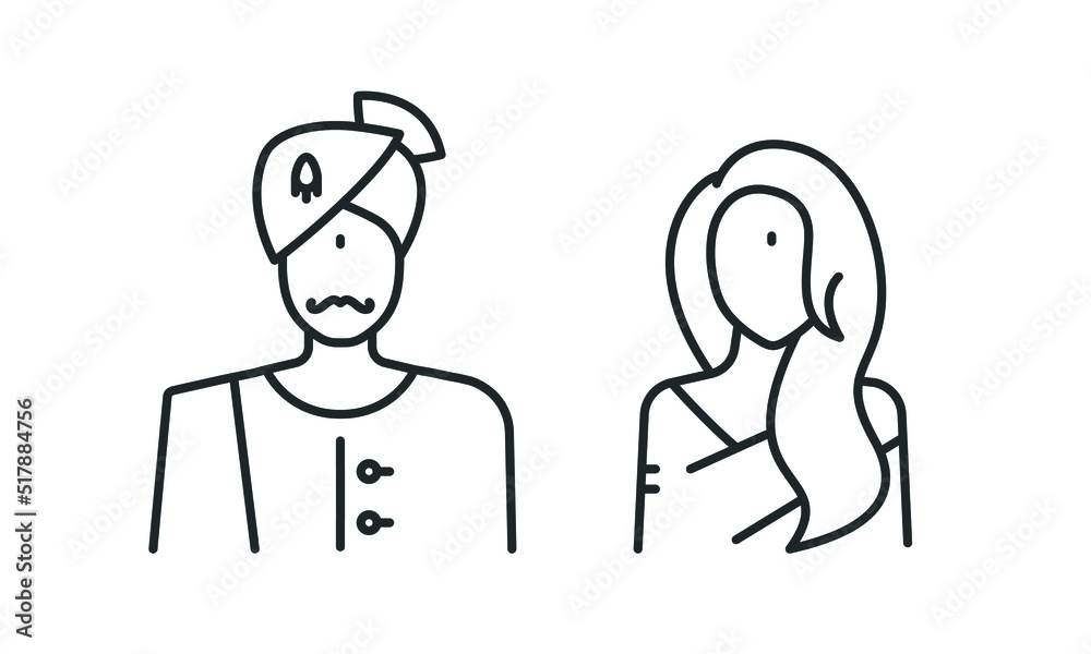 Indian people couple line icon set. Young woman with long hair and indian sikh man in turban. Bride and groom symbols. Vector illustration Indian people couple line icon set. Young woman with long hair and indian sikh man in turban. Bride and groom symbols. Vector illustration