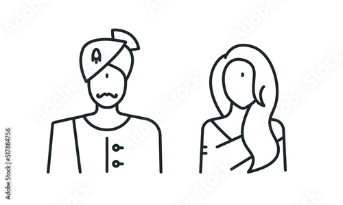 Indian people couple line icon set. Young woman with long hair and indian sikh man in turban. Bride and groom symbols. Vector illustration
