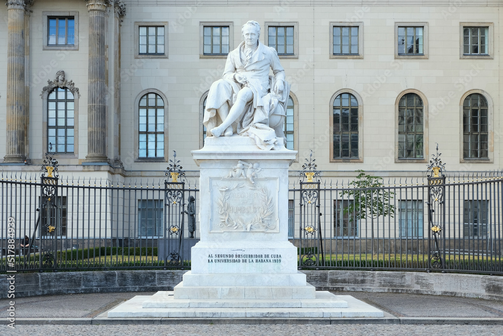 Berlin, Germany, July 9, 2022, Alexander von Humboldt monument. Inscription on the base: