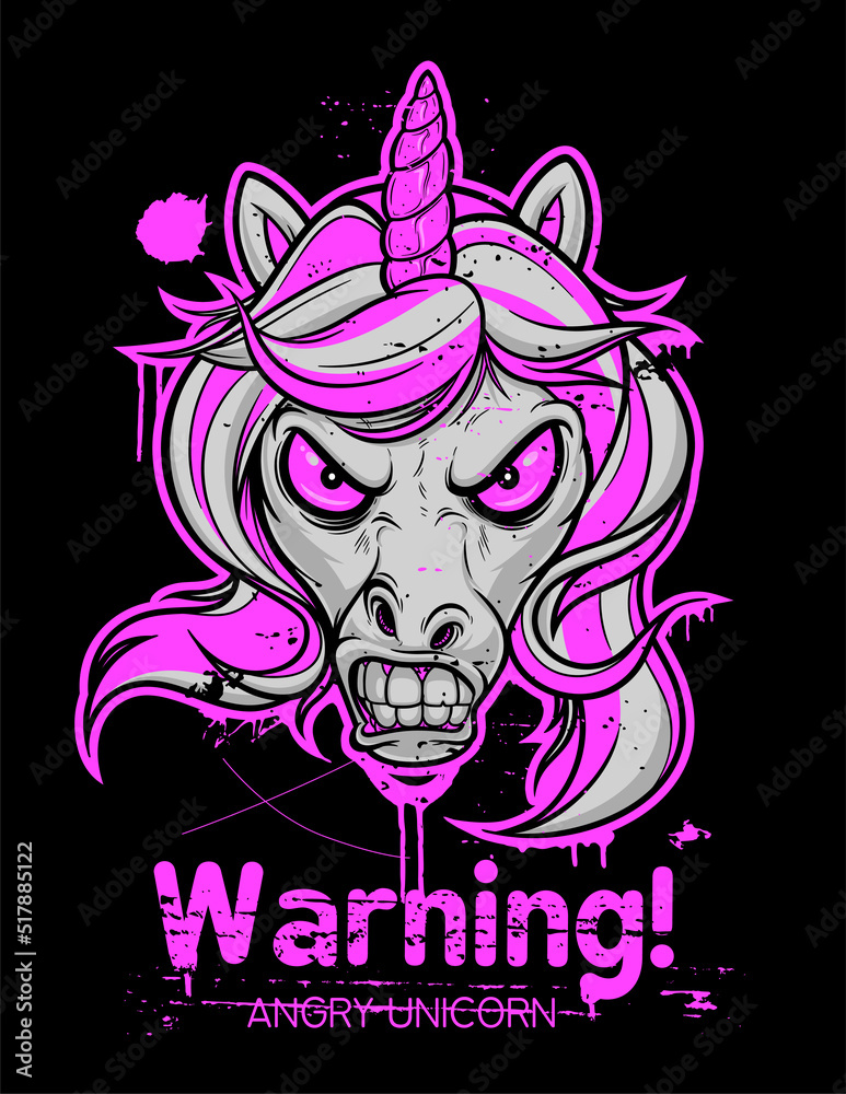 Cartoon angry unicorn with grunge elements and lettering. Vector illustration, can be used as T-shirt print. Black, pink and grey series. 