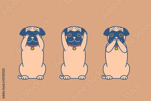 Three wise cute pugs illustration. Not see, not hear, not speak evil. Three wise cute series.