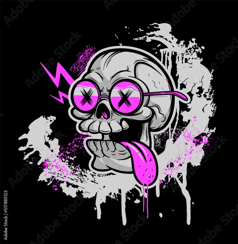 Cartoon skull with pink glasses on the grunge background. Vector illustration, can be used as T-shirt print. Black, pink and grey series. 