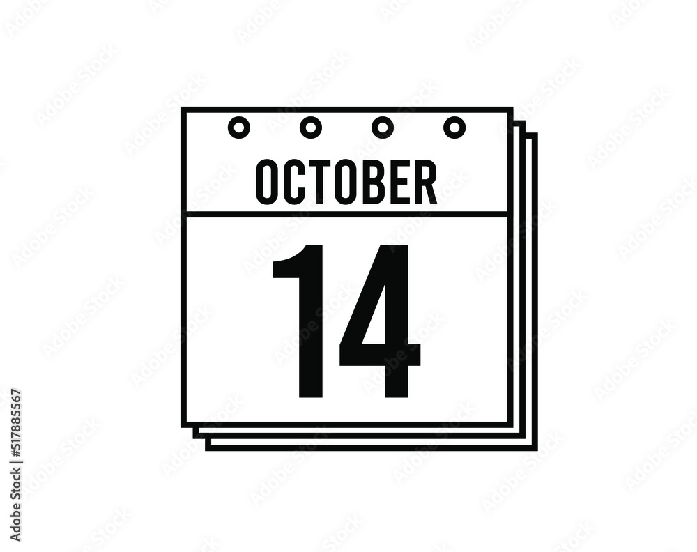 October 14 calendar. October month calendar black and white icon. Simple 3D vector.