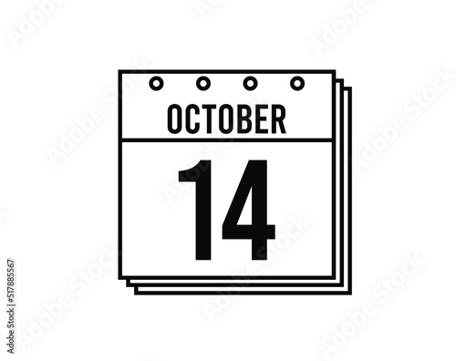 October 14 calendar. October month calendar black and white icon. Simple 3D vector.