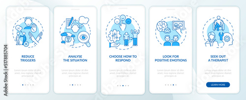 Strategies for emotional regulation blue onboarding mobile app screen. Walkthrough 5 steps editable graphic instructions with linear concepts. UI, UX, GUI template. Myriad Pro-Bold, Regular fonts used