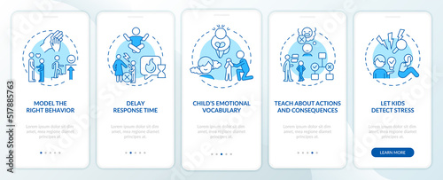Fostering emotional regulation in child blue onboarding mobile app screen. Walkthrough 5 steps editable instructions with linear concepts. UI, UX, GUI template. Myriad Pro-Bold, Regular fonts used