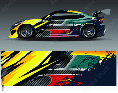 Car wrap design vector, truck and cargo van decal. Graphic abstract stripe racing background designs for vehicle, rally, race, adventure and car racing livery.