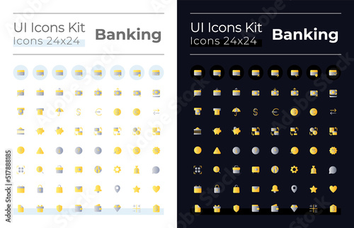 Banking flat gradient color ui icons set for dark  light mode. Money transactions and operations. Vector isolated RGB pictograms. GUI  UX design for web  mobile. Montserrat Bold  Light fonts used