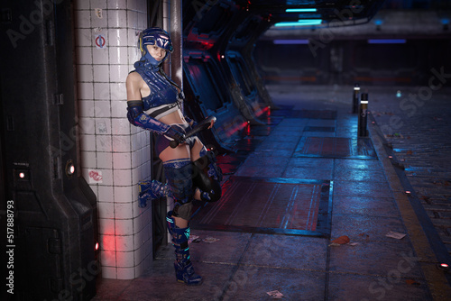 Beautiful cyberpunk female cop leaning against a wall in a futuristic city street at night. 3D illustration.