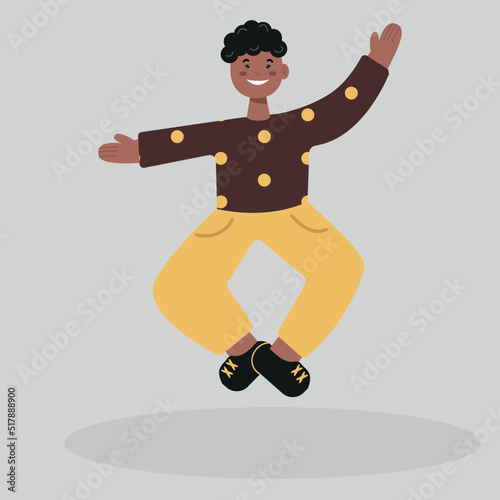 A happy a dark-skinned child jumps with his hands up. An energetic teenager on the move. An active classmate or student is having fun. Flat vector cartoon, isolated