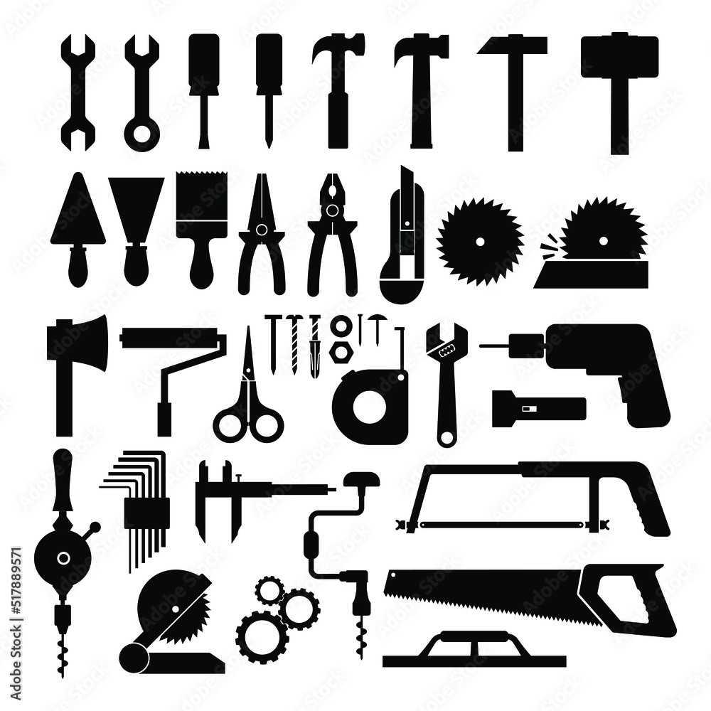 Tools vector black silhouette illustration vector isolated. Tools icon. Tools vector black silhouette illustration vector isolated. Tools icon.