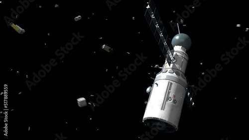 space debris among the satellite system in earth's orbit. the concept of space pollution. the animation has an alpha channel photo