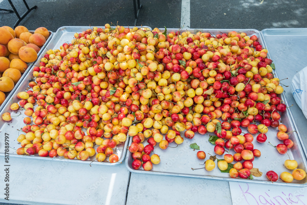 Sweet Ranier Cherries on sale at a stall in the Farmers Market in Issaquah (a Suburb of Seattle).