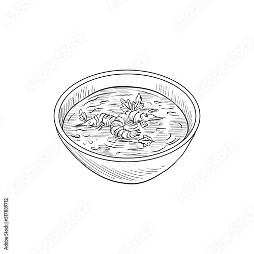 vector drawing bowl with tom yum soup and shrimp, plate of asian food isolated at white background, hand drawn illustration
