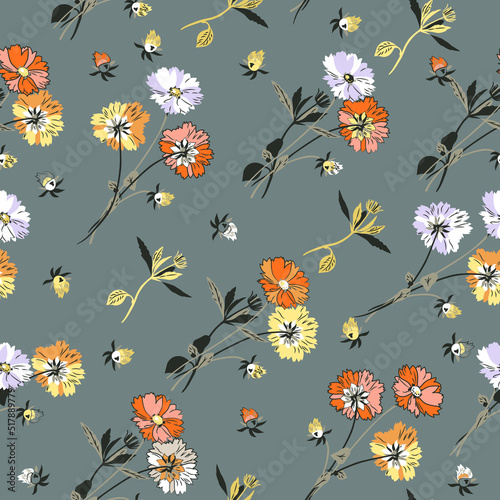 Vászonkép Floral seamless pattern of scattered blooming garden flowers
