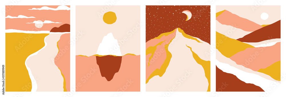 Abstract minimalist landscapes. Summer nature scenes for artistic greeting card, decorative poster or elegant social media background. Set of vector graphic design elements in warm color palette