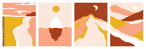 Abstract minimalist landscapes. Summer nature scenes for artistic greeting card, decorative poster or elegant social media background. Set of vector graphic design elements in warm color palette