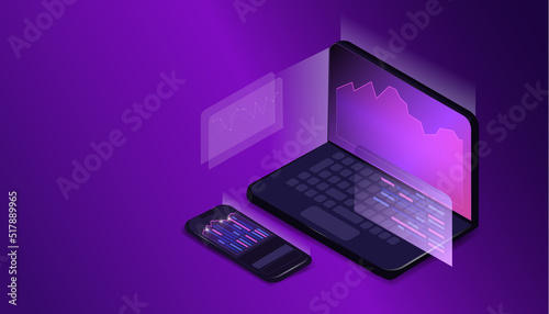 the web pages are on the laptop screen, and the mobile phone is lying. Modern technological background. Isometry. Conceptual banner of web technologies.