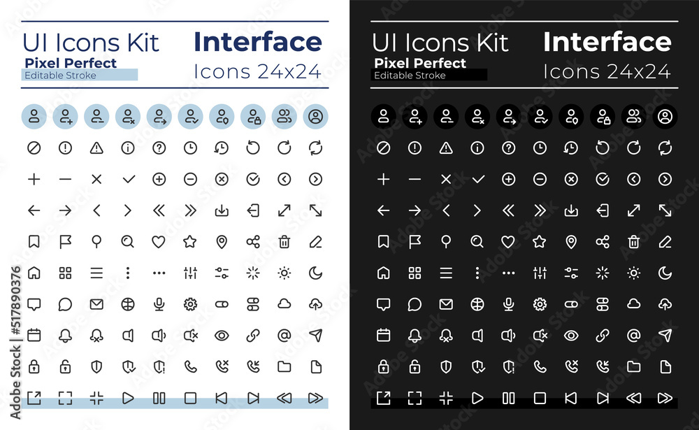 Minimalist and simple looking pixel perfect linear ui icons set for dark, light mode. Outline isolated user interface elements for night, day themes. Editable stroke. Montserrat Bold, Light fonts used