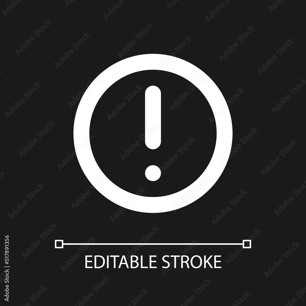 Circular shaped exclamation mark pixel perfect white linear ui icon for dark theme. Notification. Vector line pictogram. Isolated user interface symbol for night mode. Editable stroke. Arial font used Circular shaped exclamation mark pixel perfect white linear ui icon for dark theme. Notification. Vector line pictogram. Isolated user interface symbol for night mode. Editable stroke. Arial font used