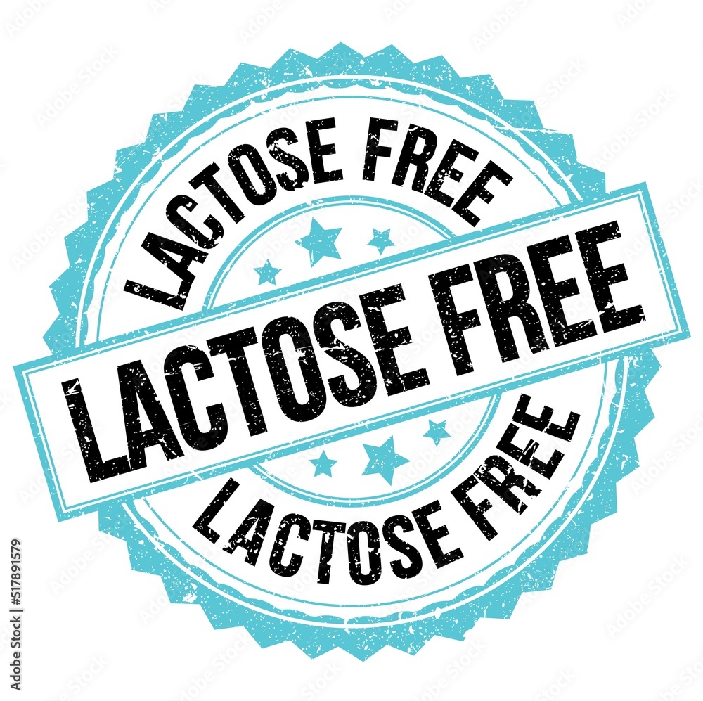 LACTOSE FREE text on blue-black round stamp sign LACTOSE FREE text on blue-black round stamp sign