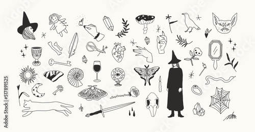 Magic and Witchcraft Aesthetics. Various hand drawn elements. Isolated.