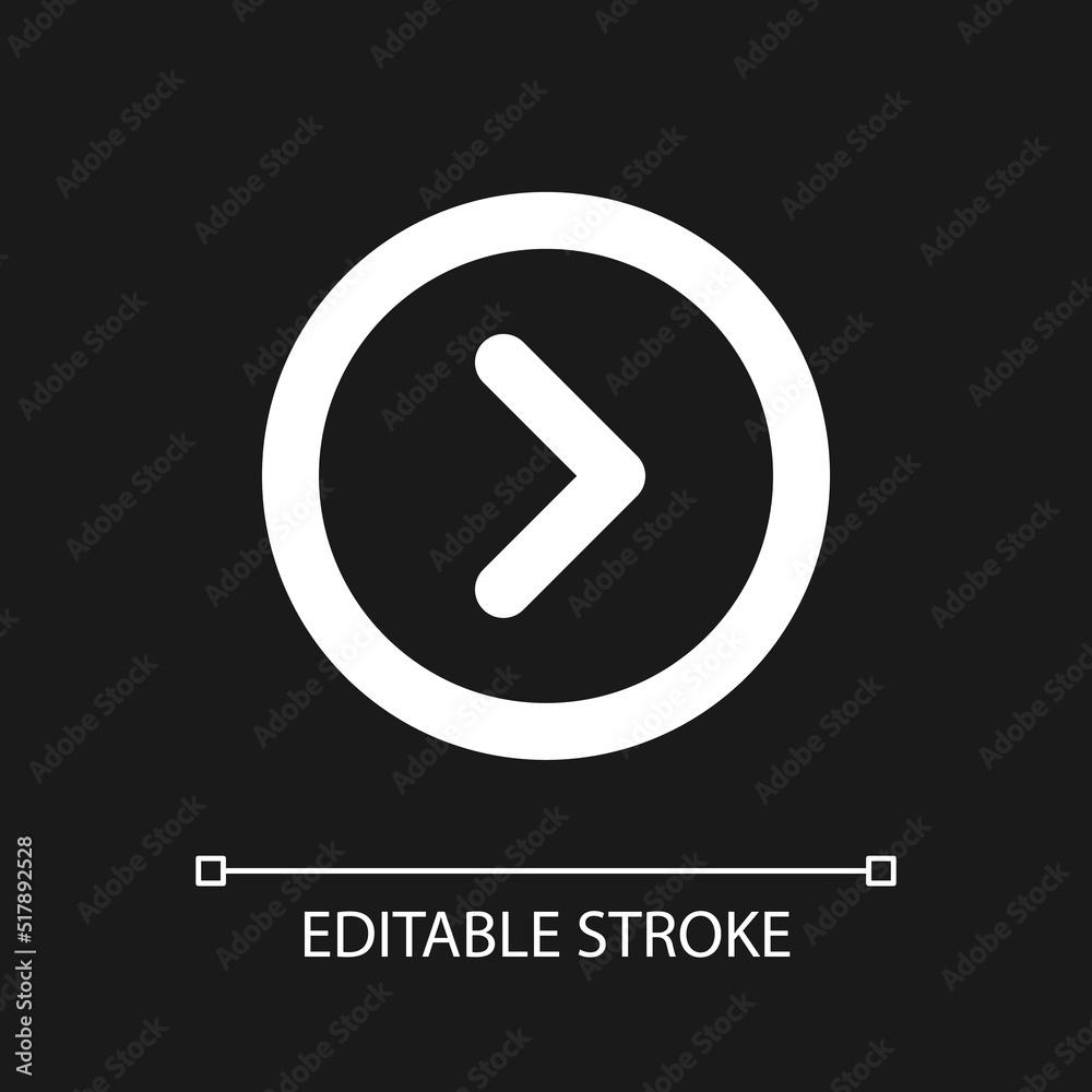 Arrow right button pixel perfect white linear ui icon for dark theme. Next track. Menu command. Vector line pictogram. Isolated user interface symbol for night mode. Editable stroke. Arial font used Arrow right button pixel perfect white linear ui icon for dark theme. Next track. Menu command. Vector line pictogram. Isolated user interface symbol for night mode. Editable stroke. Arial font used