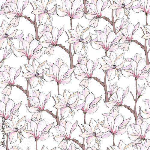 Seamless pink magnolia pattern with pink flowers on a white background. spring print vector illustration