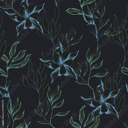 Contour flowers on black seamless background, vector vintage pattern for fabric