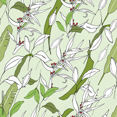 Tropical seamless background of green plants. Light texture for fabrics, tiles, paper and wallpapers.