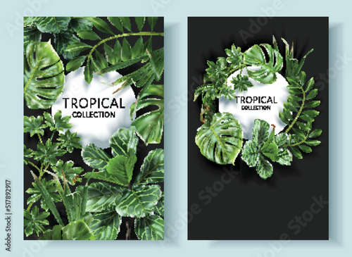 Vector tropical frames with green leaves on black background. Luxury exotic botanical design for cosmetics, wedding invitation, summer banner, spa, perfume, beauty, travel, packaging design