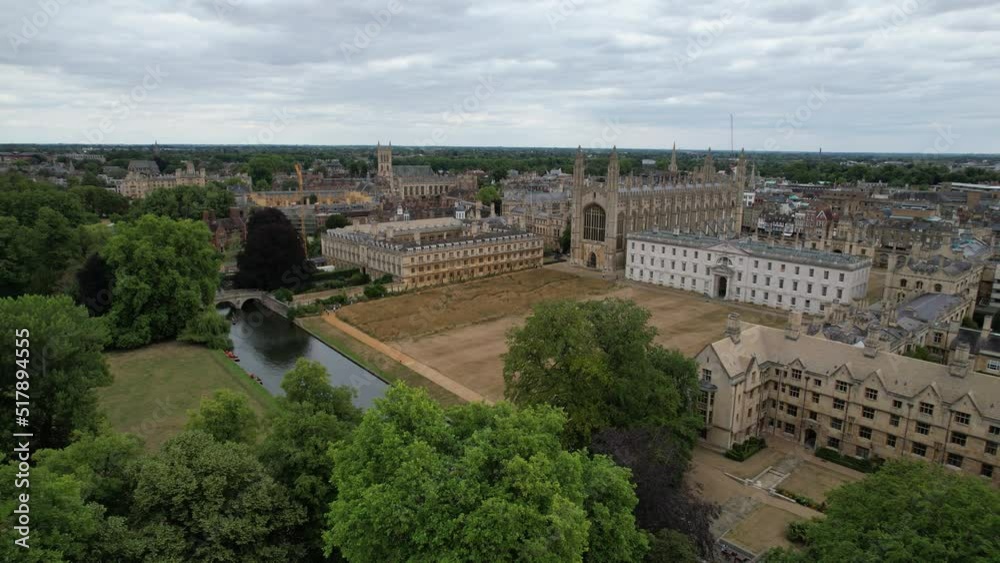 Cambridge City centre England drone aerial view 4K footage Kings college chapel and Clare college