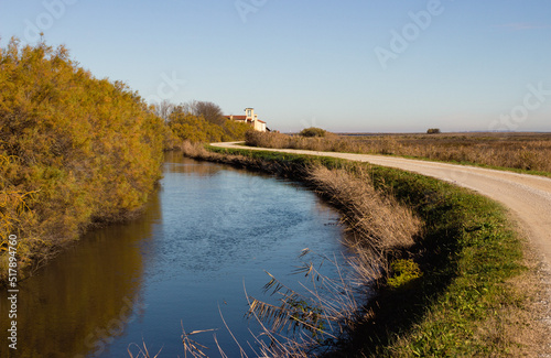 Autumn rural landscape. Small canal next to a dirt road. High quality image.