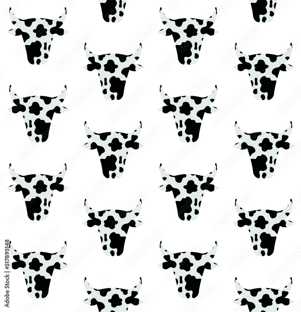 Vector seamless pattern of flat cow head with cow print isolated on white background Vector seamless pattern of flat cow head with cow print isolated on white background