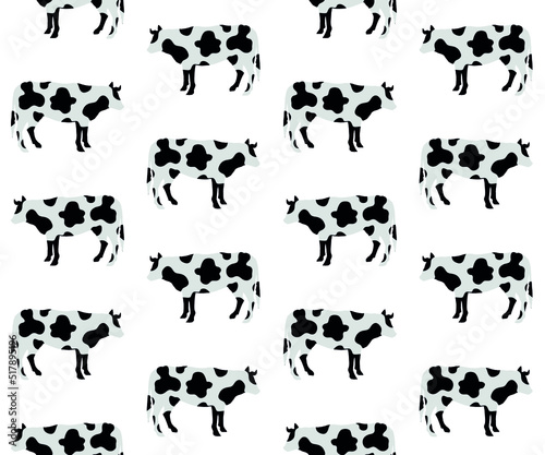 Vector seamless pattern of flat cow silhouette with cow print isolated on white background