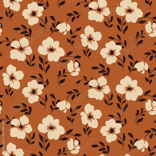 Seamless pattern with decorative flowers on a brown field. Vintage floral print  botanical background with hand drawn plants  small white flowers  dark leaves. Vector illustration.