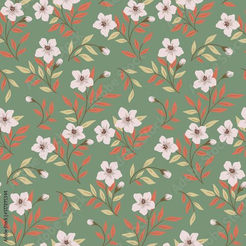 Seamless floral pattern with autumn botany, wild plants on a green field. Pretty ditsy print, botanical background with decorative plants, flowers, leaves on branches. Vector illustration.