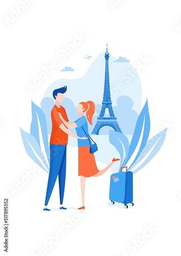 Man and woman cute cartoon traveler with Eiffel Tower.