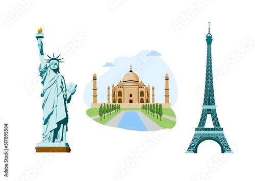 Tourist attractions, Eiffel Tower, Statue of Liberty, Taj Mahal. Flat style
