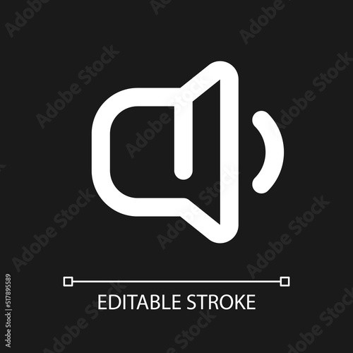 Change ringer volume pixel perfect white linear ui icon for dark theme. Turning sound down. Vector line pictogram. Isolated user interface symbol for night mode. Editable stroke. Arial font used