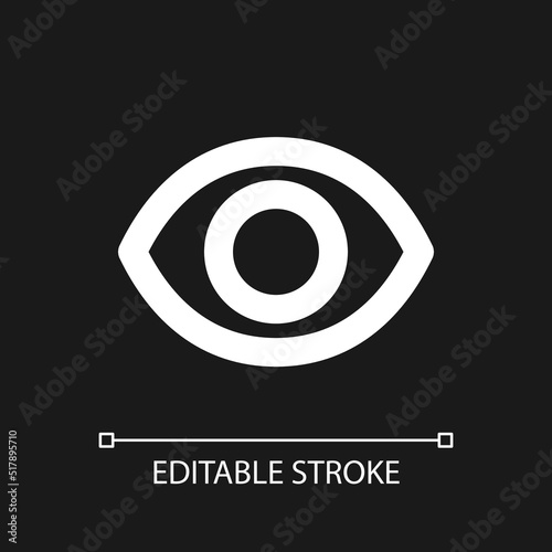 Seen pixel perfect white linear ui icon for dark theme. Recently viewed. Wide opened eye. Vector line pictogram. Isolated user interface symbol for night mode. Editable stroke. Arial font used