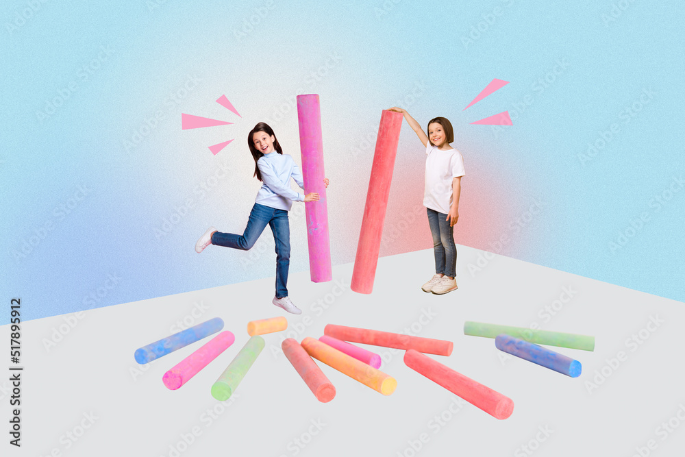 3d retro abstract creative artwork template collage of small kids children drawing huge big colorful crayons isolated painting background