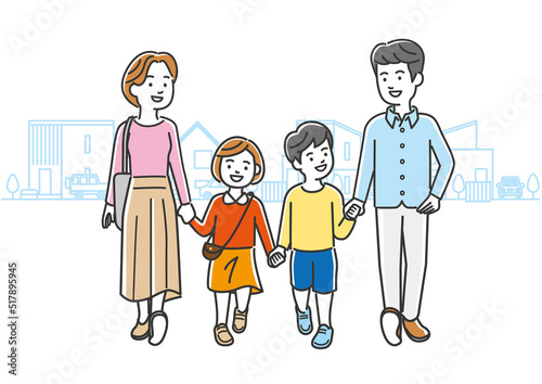 仲良く手を繋いで歩く家族のイラスト素材
