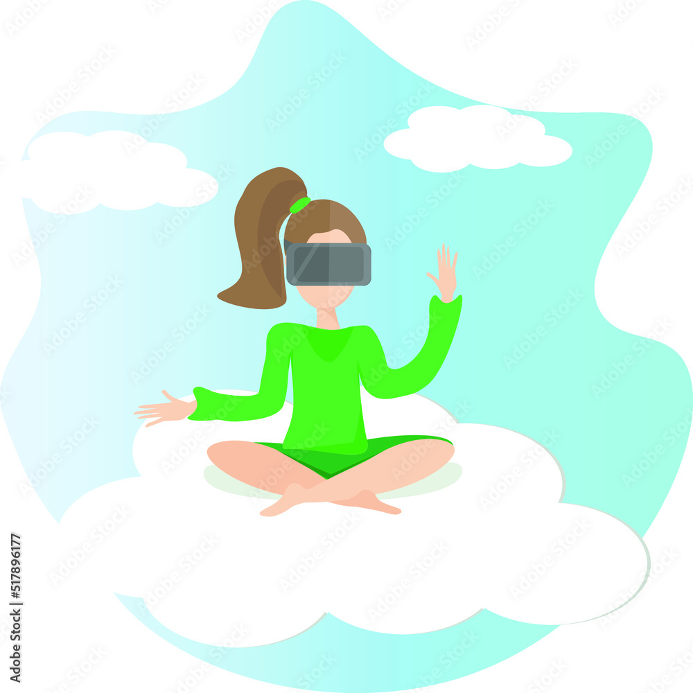 Vector illustration of a girl in virtual reality glasses in the 
fantastic clouds